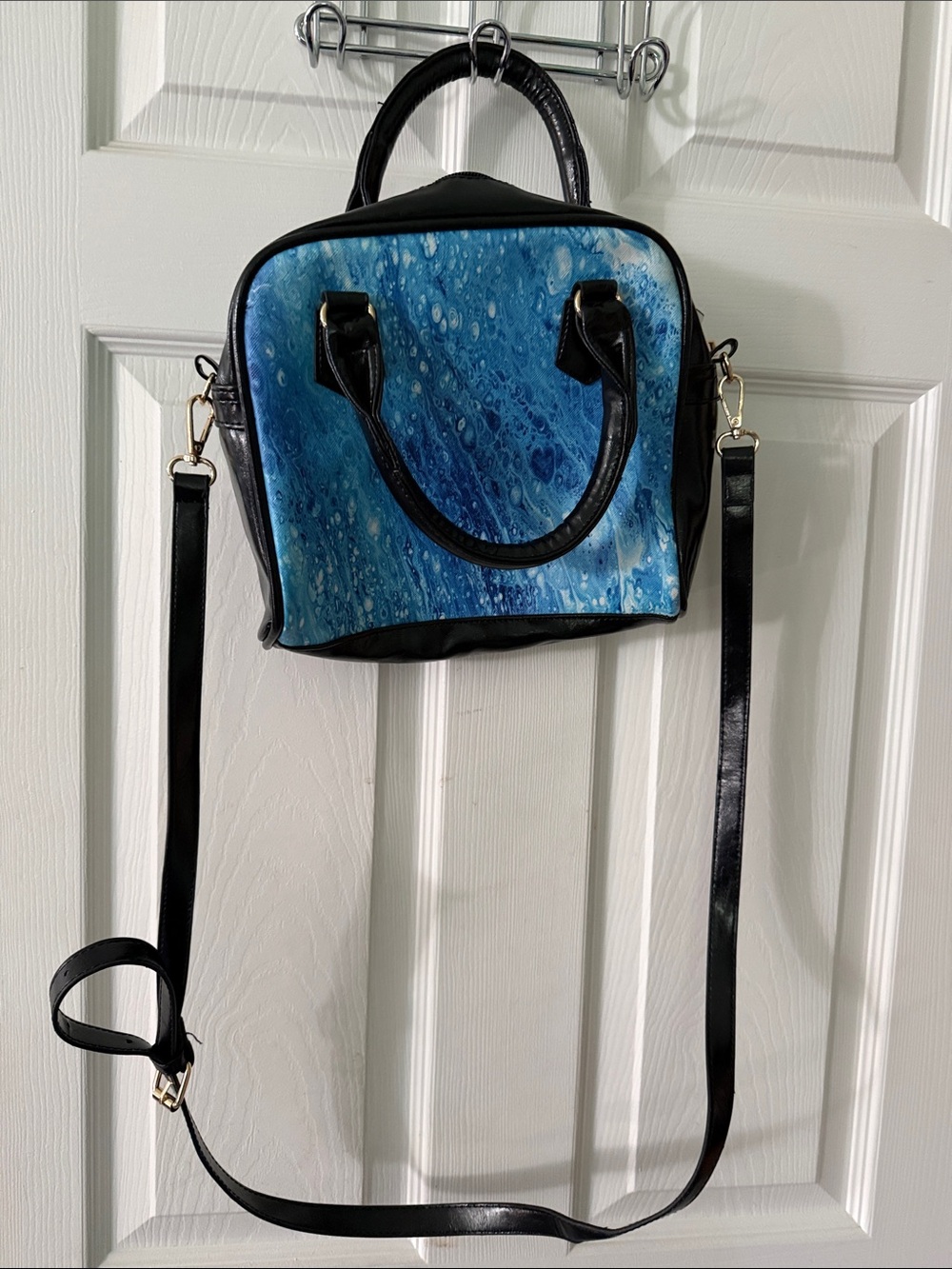 Blue Marble Print Crossbody Satchel - Black Trim